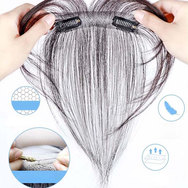 Arenzza lightweight clip-on invisible topper wig for added hair volume, shown clipped onto natural hair in a health and beauty setting.