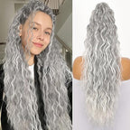 Arenzza curly wavy frizzy hair extension with ponytail in vibrant purple, showcasing the textured, voluminous hairstyle.
