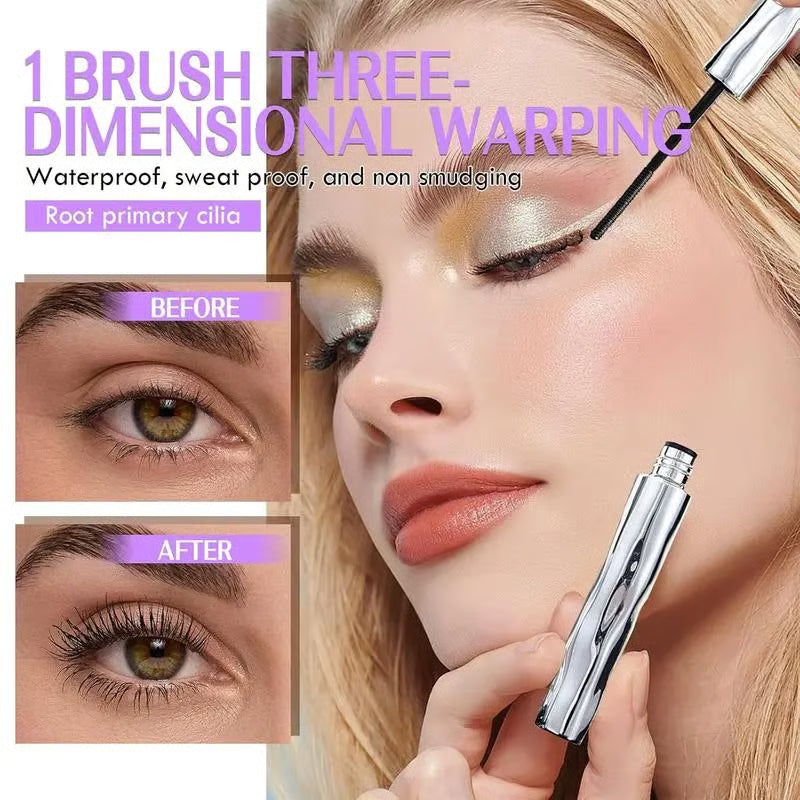 Arenzza waterproof mascara with lengthening and curling features, shown on a model's eyelashes in a beauty product image.