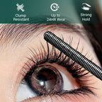Arenzza waterproof mascara with lengthening and curling brush, showing thick, curled eyelashes on a model's eye.