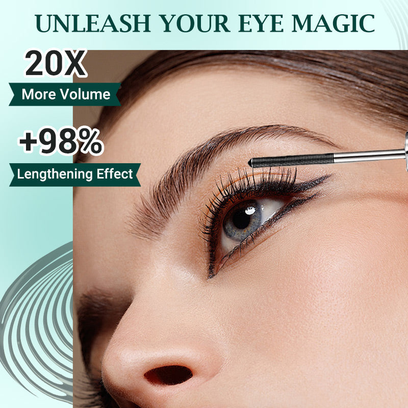 Arenzza waterproof mascara with lengthening and curling effects, showing a close-up of dark, volumized eyelashes.