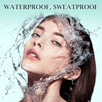 Arenzza waterproof mascara with curled and lengthened lashes, showcasing the product tube and a close-up of eye makeup application.