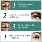 Arenzza waterproof mascara tube with a wand, showcasing long, curled, and voluminous eyelashes for a dramatic eye look.