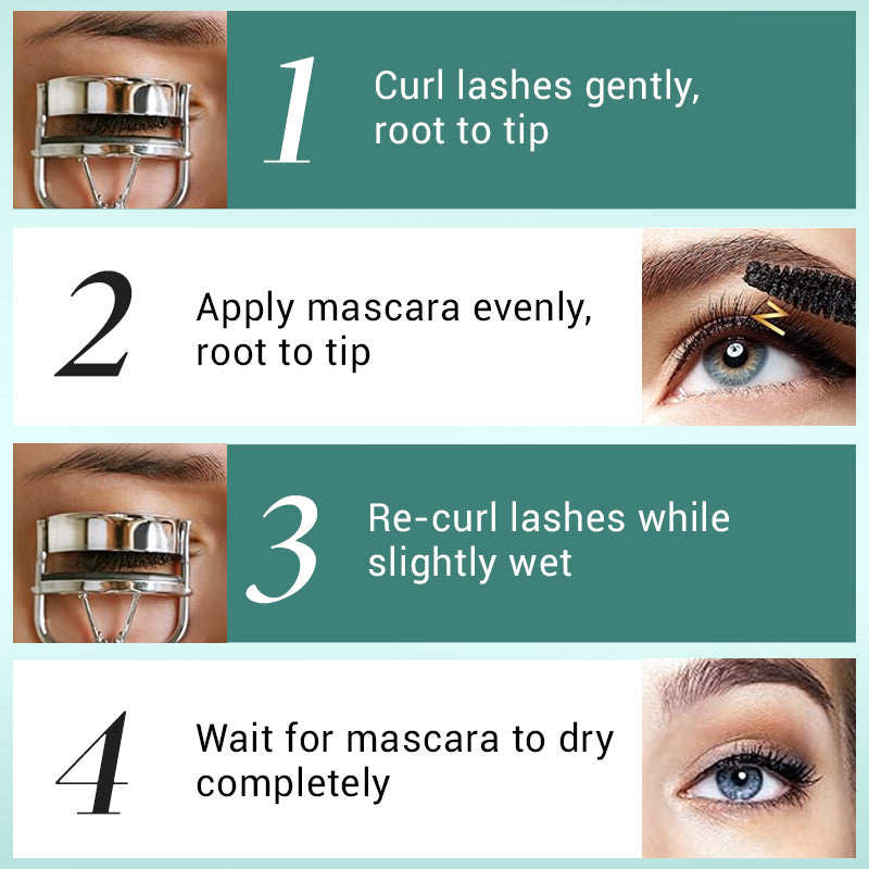 Arenzza waterproof mascara tube with a wand, showcasing long, curled, and voluminous eyelashes for a dramatic eye look.