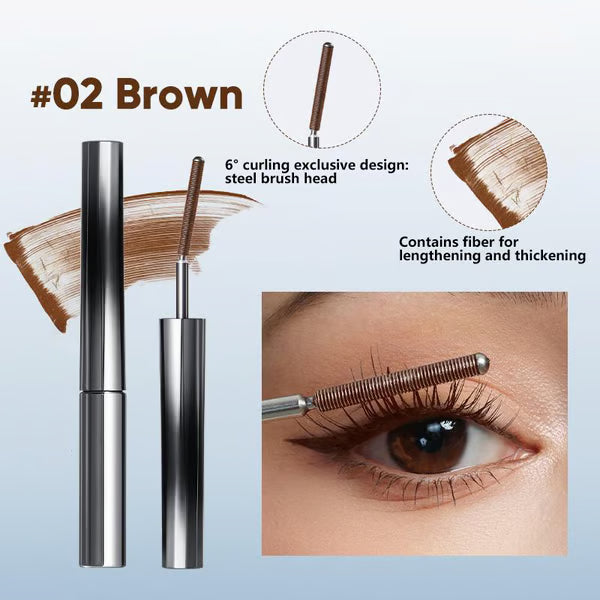Arenzza waterproof mascara wand with curled, lengthened eyelashes showcasing the product’s lengthening and curling effect.