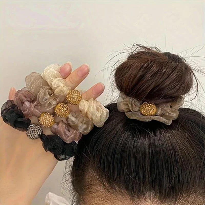 Arenzza elegant purple rhinestone mesh hair ties with sparkling embellishments, displayed on a neutral background.
