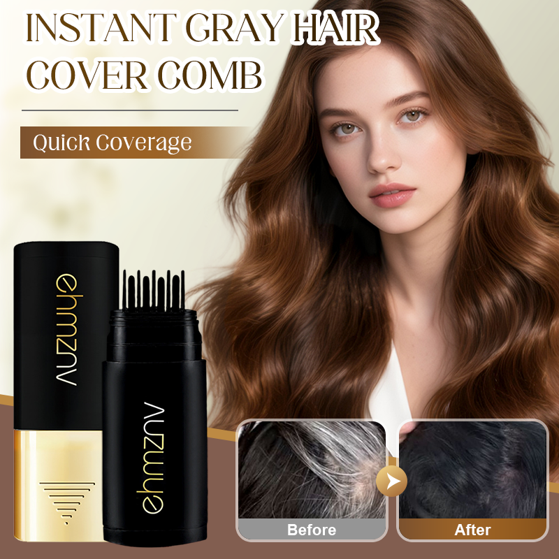 Arenzza Instant Gray Hair Cover Comb showing the gray hair concealer comb with application sponge and hair coverage strands.