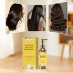 Arenzza long-lasting natural hair dye shampoo bottle with label, shown alongside hair strands in a health and beauty setting.