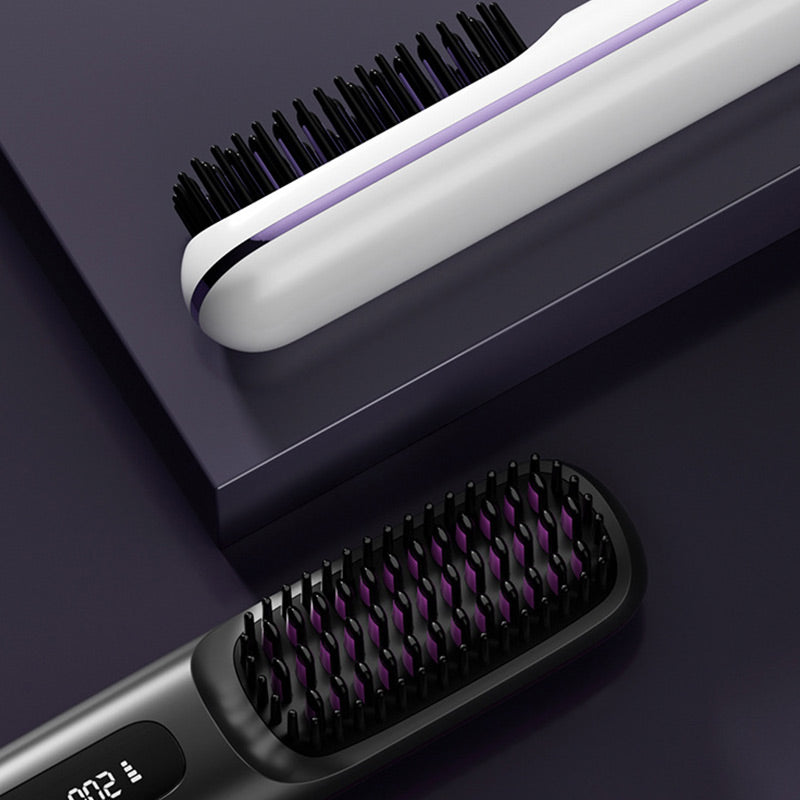 Arenzza wireless ceramic heating hair straightening comb with sleek design, showing ceramic plates and handle in a close-up shot.