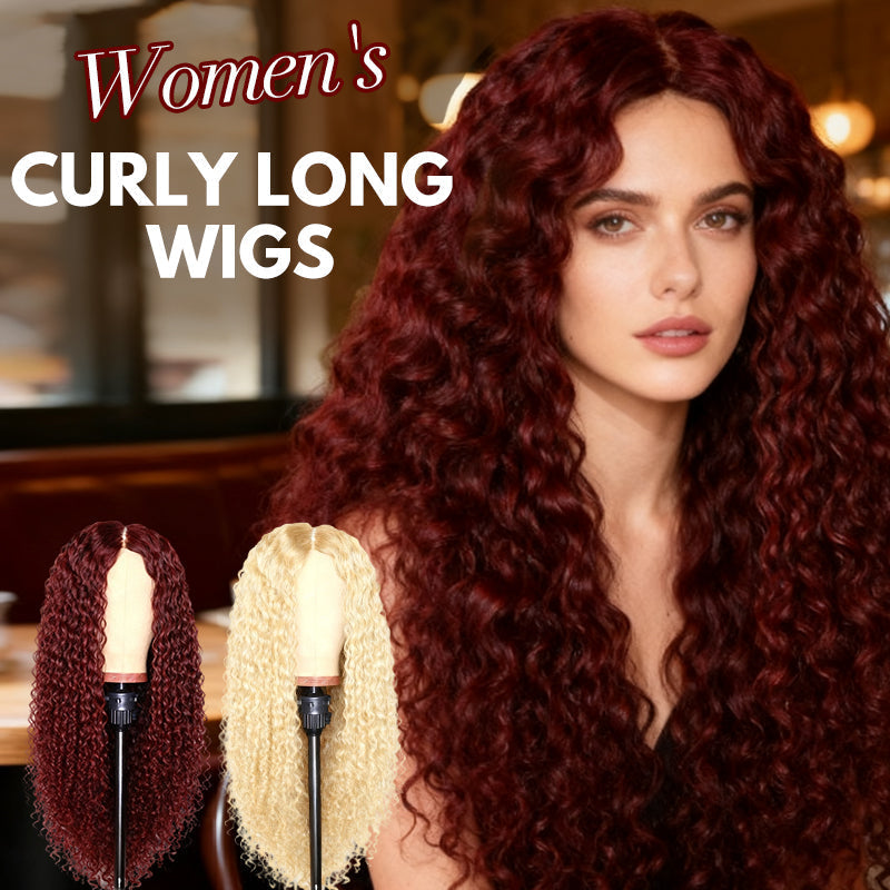 A woman wearing long, curly Arenzza women's wig with voluminous, natural-looking hair in a health and beauty setting.