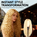 A woman wearing long, curly Arenzza women's wig with natural black hair, showcasing its voluminous, wavy style in a beauty setting.