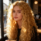 A woman wearing long, curly Arenzza women's wig with lush, voluminous curls in a natural style, perfect for beauty and fashion.