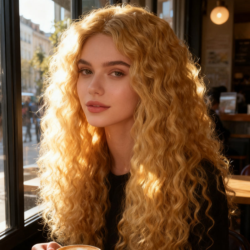 A woman wearing long, curly Arenzza women's wig with lush, voluminous curls in a natural style, perfect for beauty and fashion.
