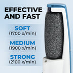 Arenzza electric feet callus remover in black and white, showing the device with a grinding head for smoothing feet.