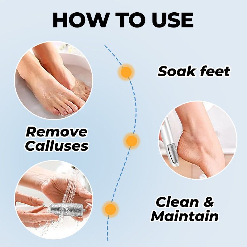 Arenzza electric feet callus remover device for health and beauty, shown in use on rough, dry skin on feet.