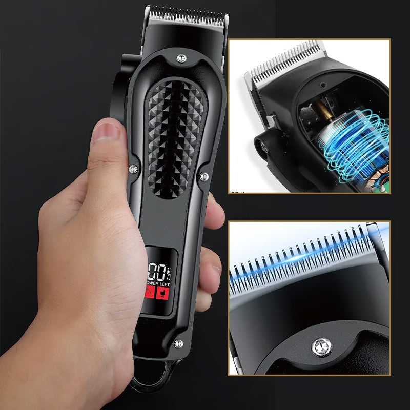 Arenzza electric hair clipper set with self-sharpening blades, quiet motor, and smart display screen for professional grooming.