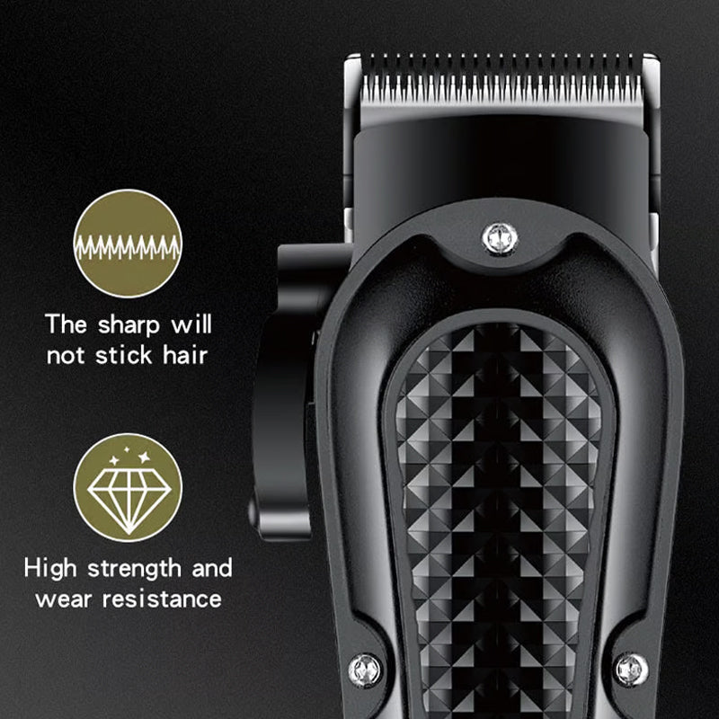 Arenzza electric hair clipper set with self-sharpening blades, quiet brushless motor, and smart display screen for precise grooming.