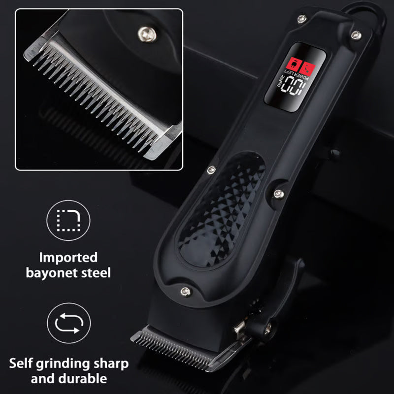 Arenzza electric hair clipper set with self-sharpening blades, quiet motor, and smart display screen for professional grooming.