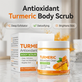 Arenzza turmeric and citrus body scrub in a jar, showing the textured scrub with vibrant citrus and turmeric ingredients.