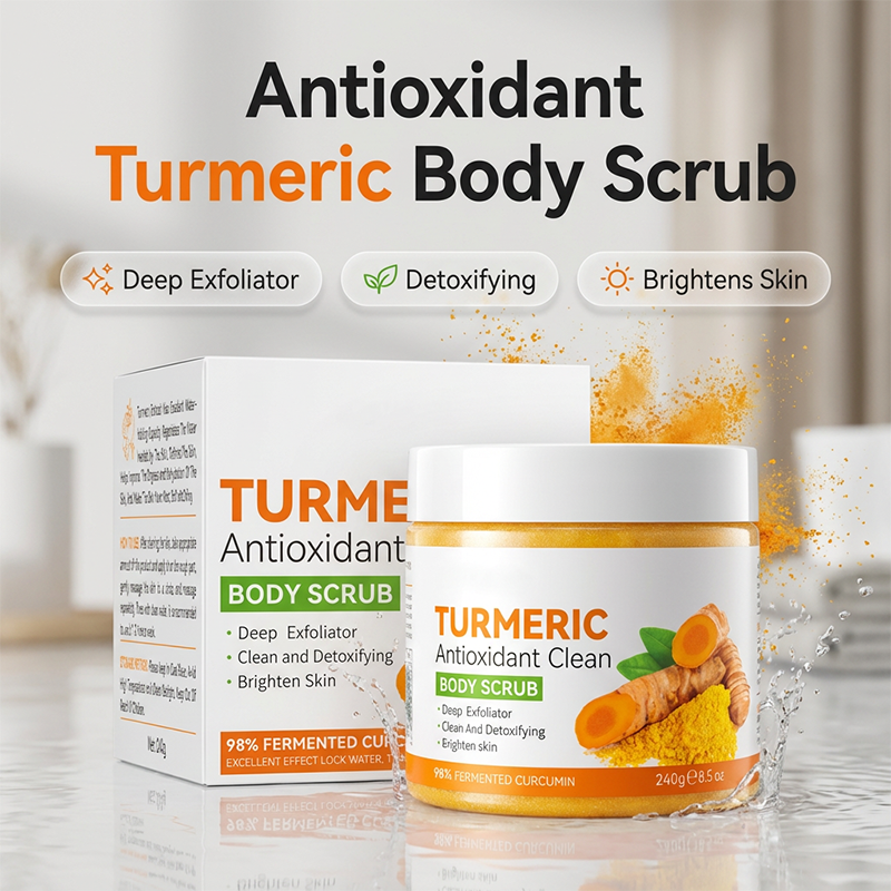 Arenzza turmeric and citrus body scrub in a jar, showing the textured scrub with vibrant citrus and turmeric ingredients.