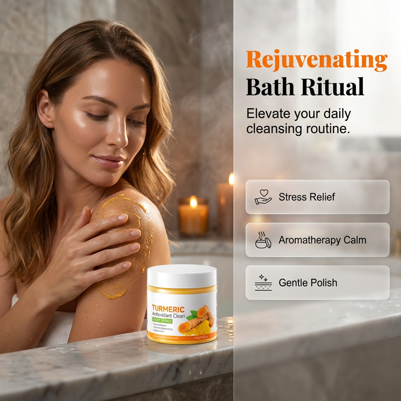 Arenzza turmeric and citrus body scrub jar with textured scrub particles, highlighting natural ingredients and vibrant citrus color.