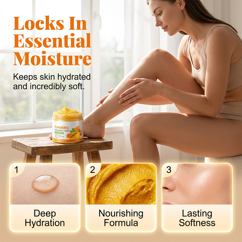 Arenzza Deep Cleansing Turmeric & Citrus Body Scrub jar with texture and fresh citrus slices, promoting radiant skin.