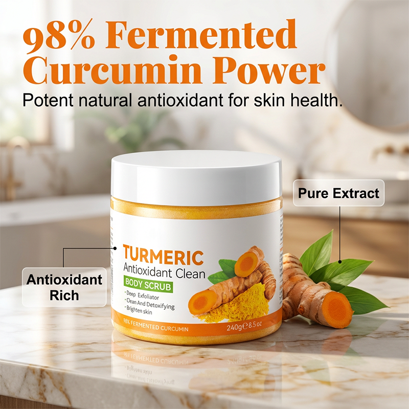 Arenzza turmeric and citrus body scrub jar with textured scrub particles, showcasing natural ingredients for deep cleansing and radiance.