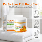 Arenzza turmeric and citrus body scrub jar with textured scrub particles, showcasing natural ingredients and vibrant citrus slices.