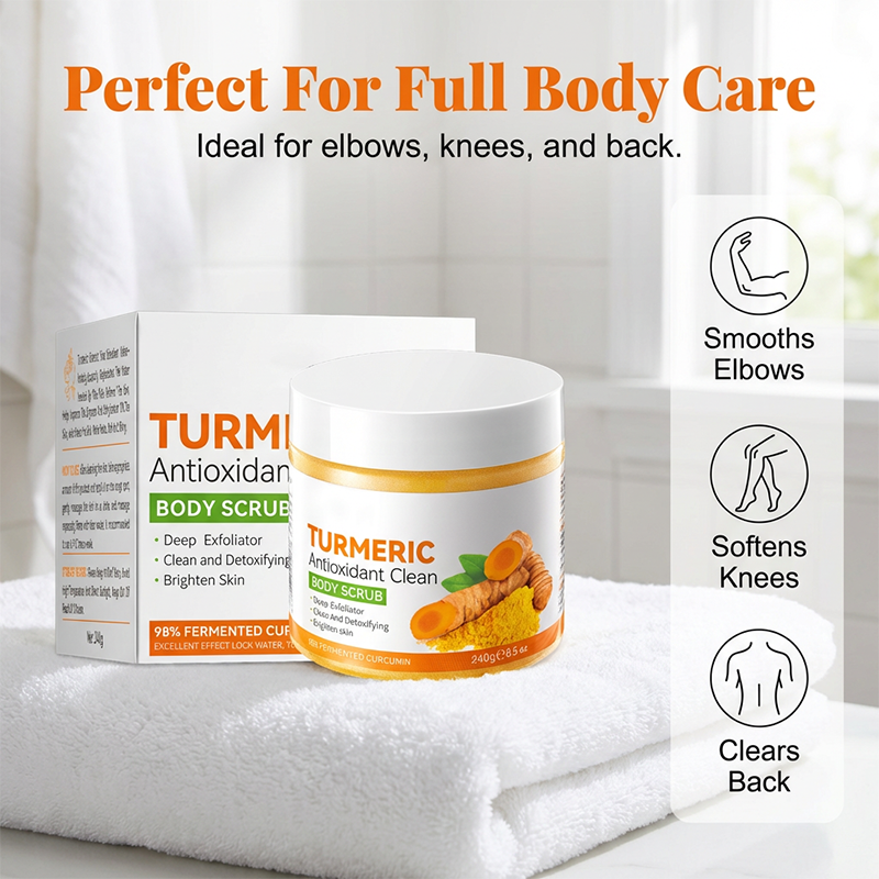 Arenzza turmeric and citrus body scrub jar with textured scrub particles, showcasing natural ingredients and vibrant citrus slices.