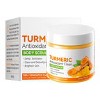 Arenzza Deep Cleansing Turmeric & Citrus Body Scrub with natural ingredients, showing the jar of exfoliating body scrub on a wooden surface.