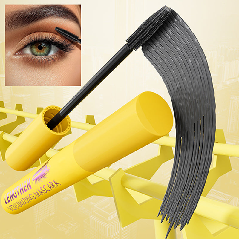 Arenzza Fiber Lengthening Volumizing Mascara applied to eyelashes, showcasing its brush and thick, elongated lash effect.