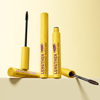 Arenzza fiber lengthening volumizing mascara applied to eyelashes, showcasing thick, extended lashes in a close-up beauty shot.