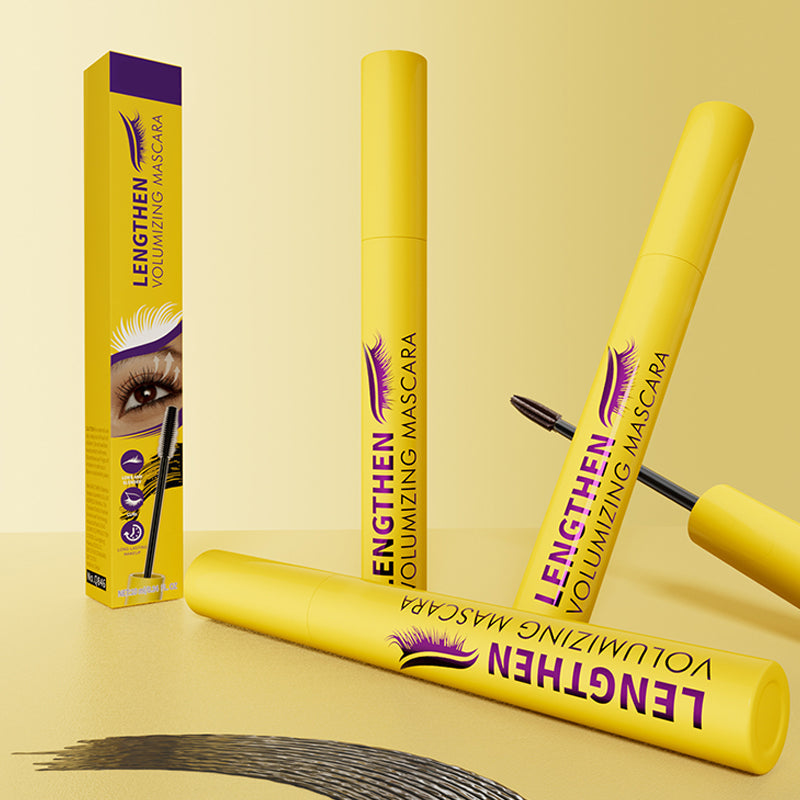 Arenzza fiber lengthening volumizing mascara shown in a black tube with a mascara wand, highlighting its thickening and lengthening effects.