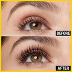 Arenzza fiber lengthening volumizing mascara brush with black mascara on a white background, showing the product's brush and formula.