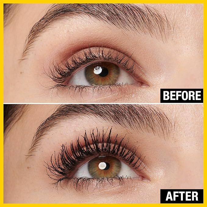 Arenzza fiber lengthening volumizing mascara brush with black mascara on a white background, showing the product's brush and formula.