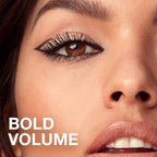 Arenzza fiber lengthening volumizing mascara in a sleek black tube, displayed with the mascara wand showing thick, voluminous lashes