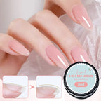 Arenzza 3-in-1 Self-Leveling Nail Builder Gel for healthy, durable nails, shown in a clear container with a smooth gel surface.