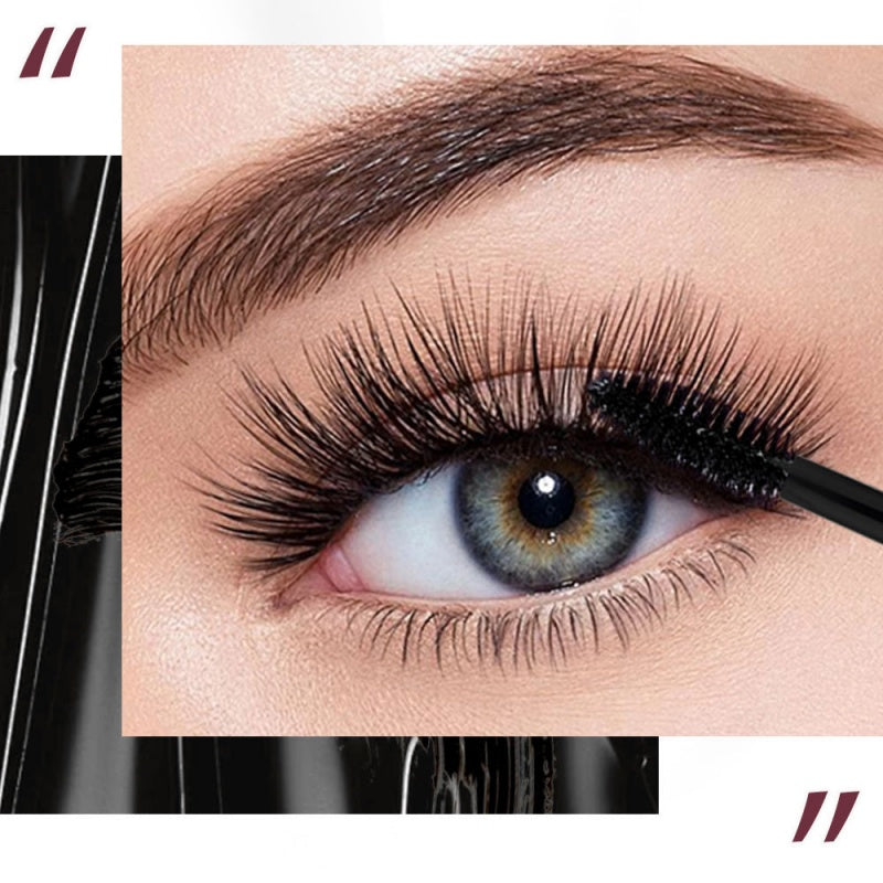 Arenzza volumizing waterproof mascara for curl and length, shown with a close-up of the brush and coated lashes.