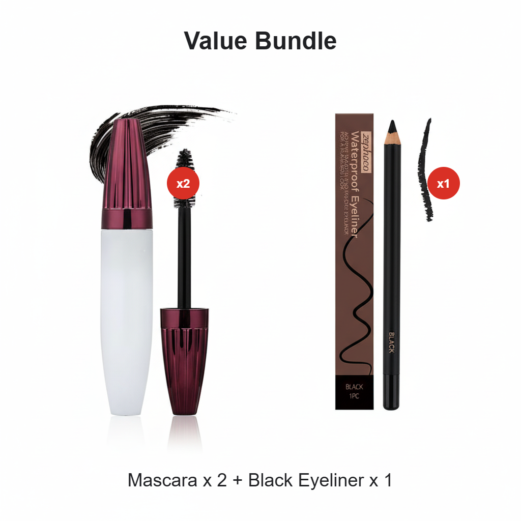 Arenzza volumizing and waterproof mascara for curl and length, shown as a bundle with two mascara tubes side by side.