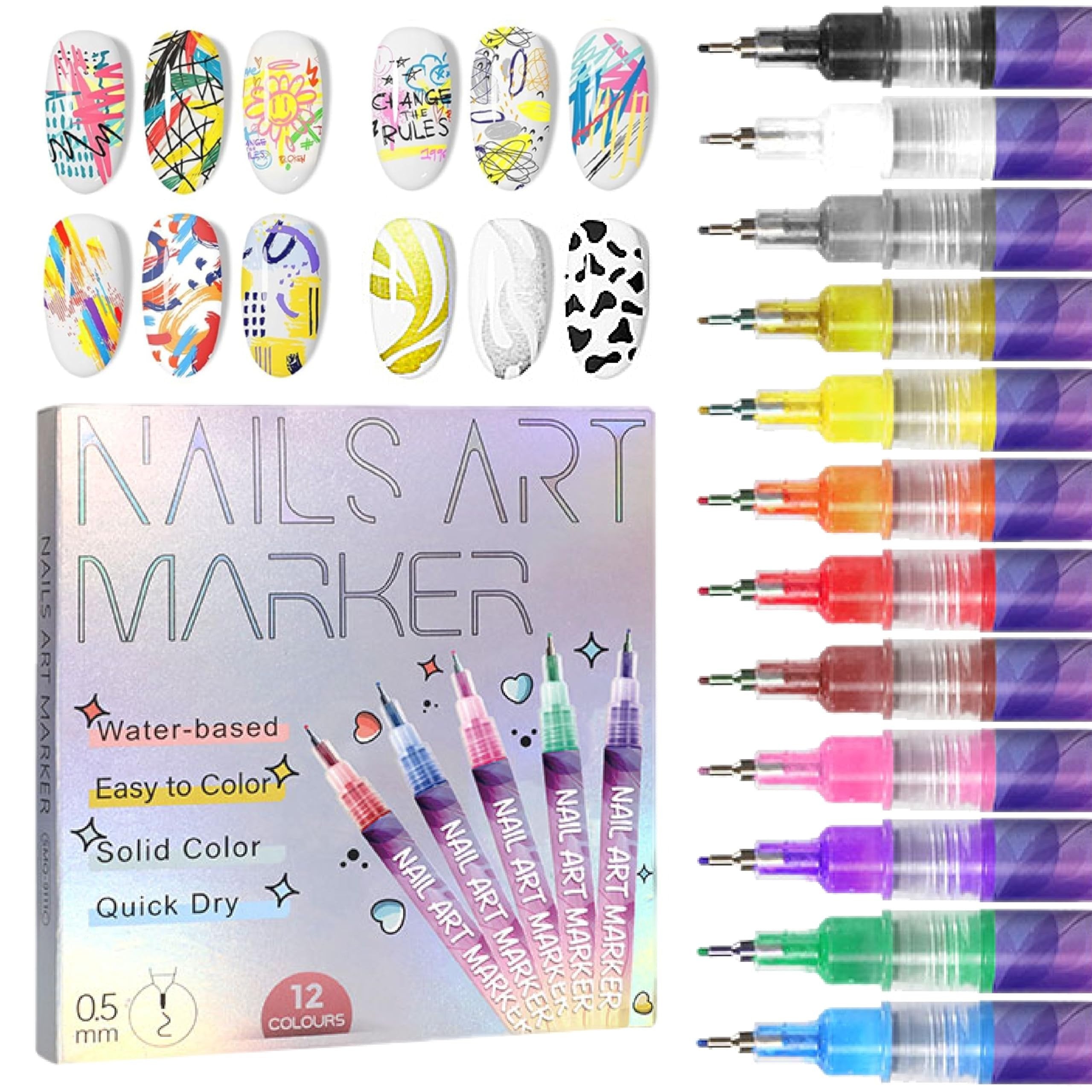 Arenzza 12-color nail art pen set with fine tips for detailed nail designs, displayed with colorful pens on a white background.