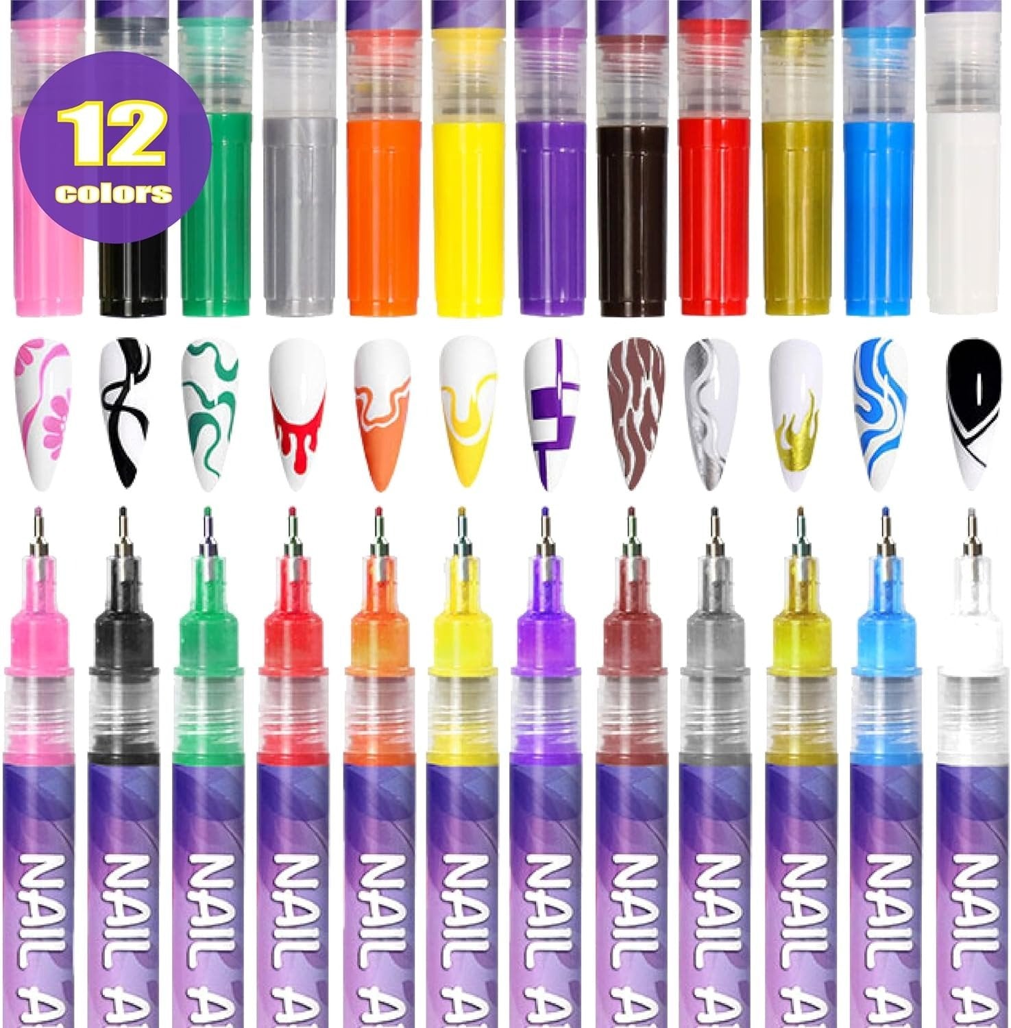Arenzza 12-color nail art pen set with fine tips for detailed nail designs, displayed on a white background.