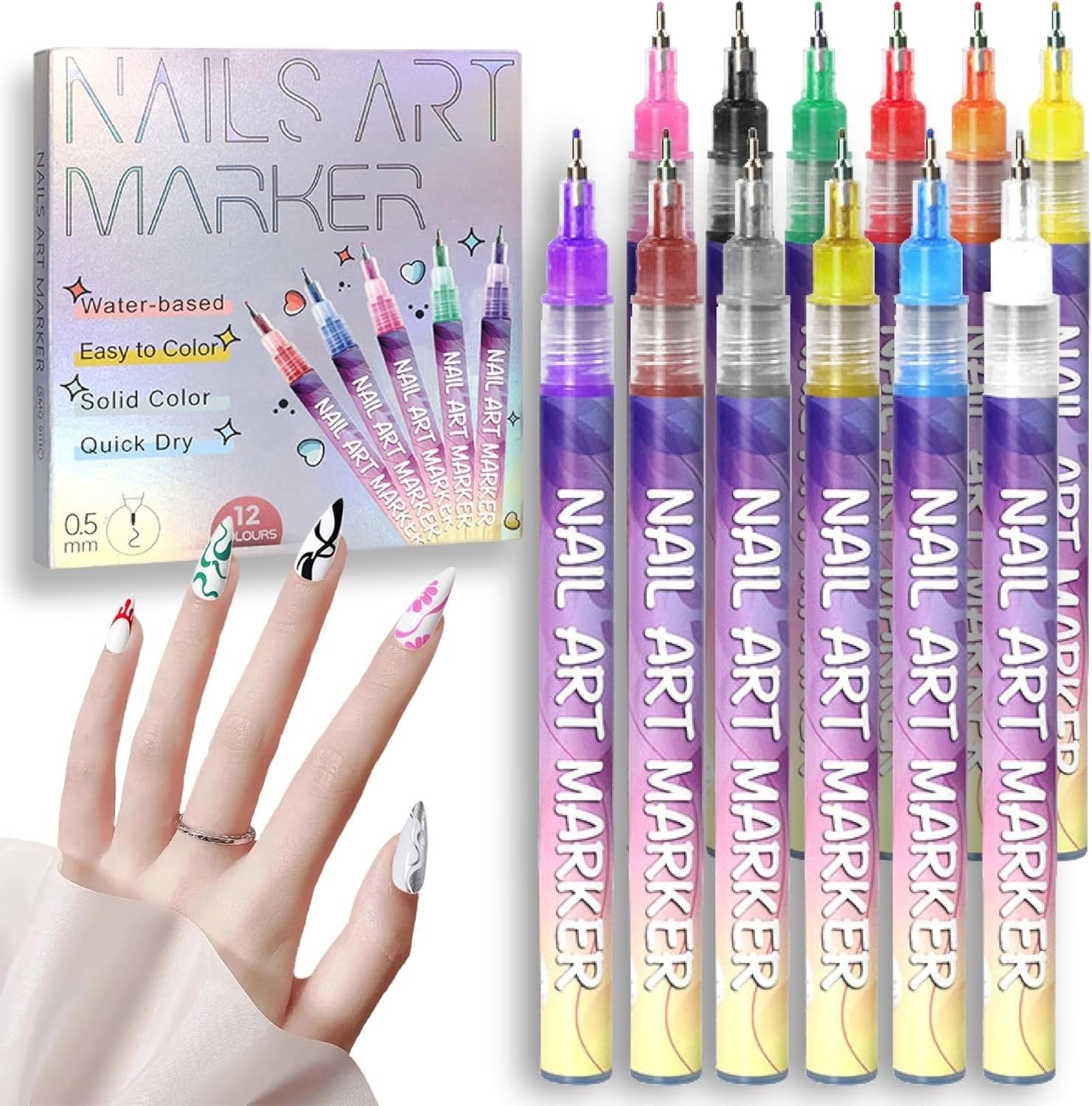 Arenzza 12-color nail art pen set with fine tips for detailed nail design, arranged in a row on a white background.
