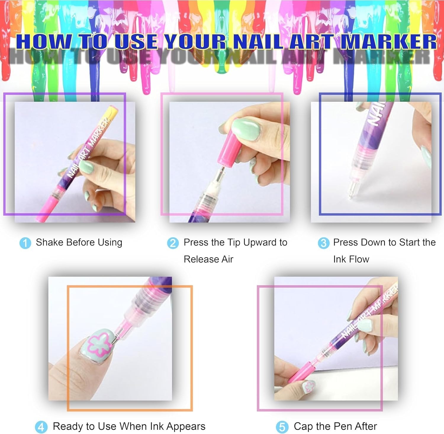 A set of 12 Arenzza nail art pens in various colors, displayed with their caps off showing fine tips for detailed nail designs.