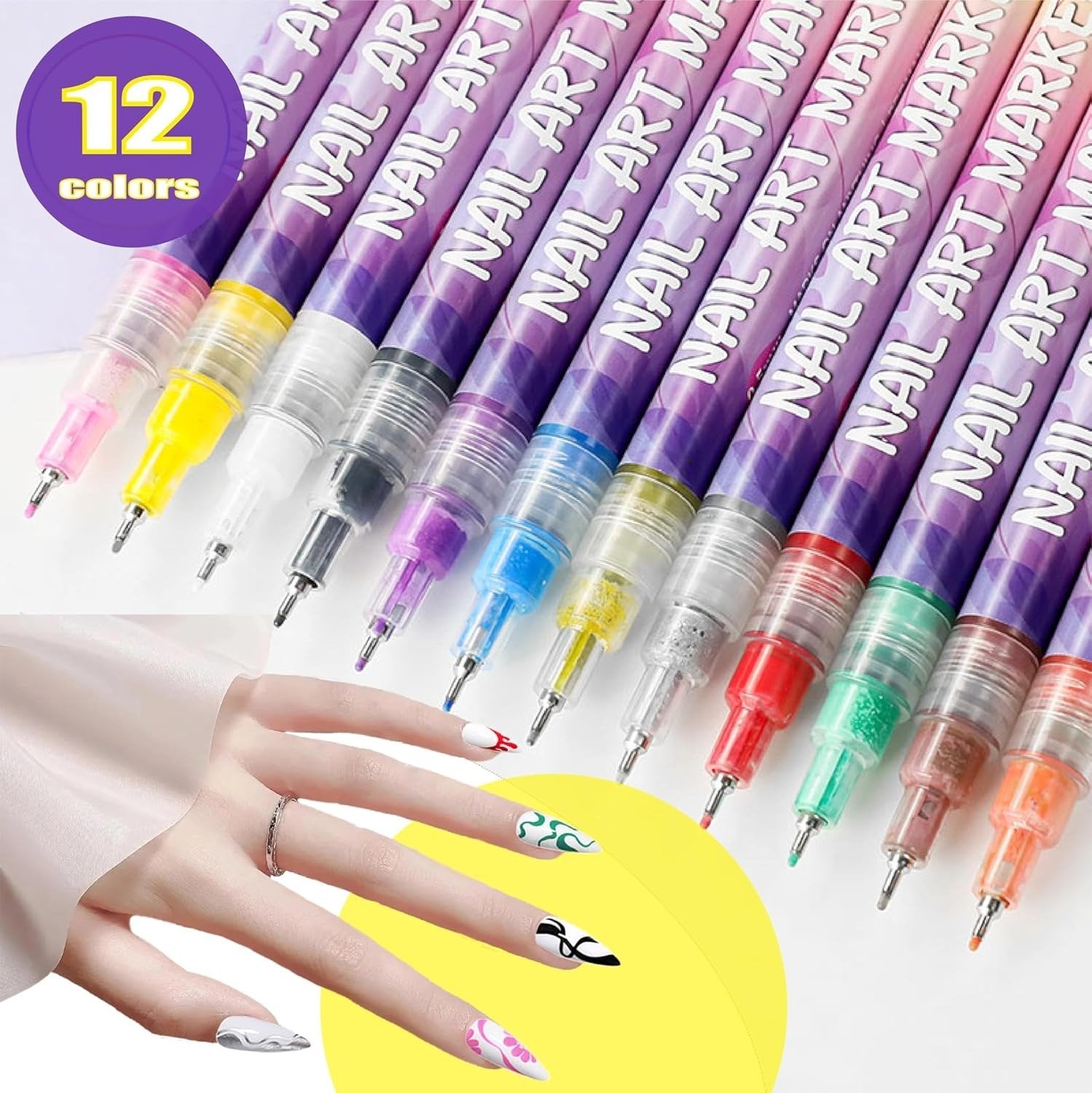 Arenzza 12-color nail art pens set with vibrant ink tips, perfect for detailed nail designs and creative beauty projects.
