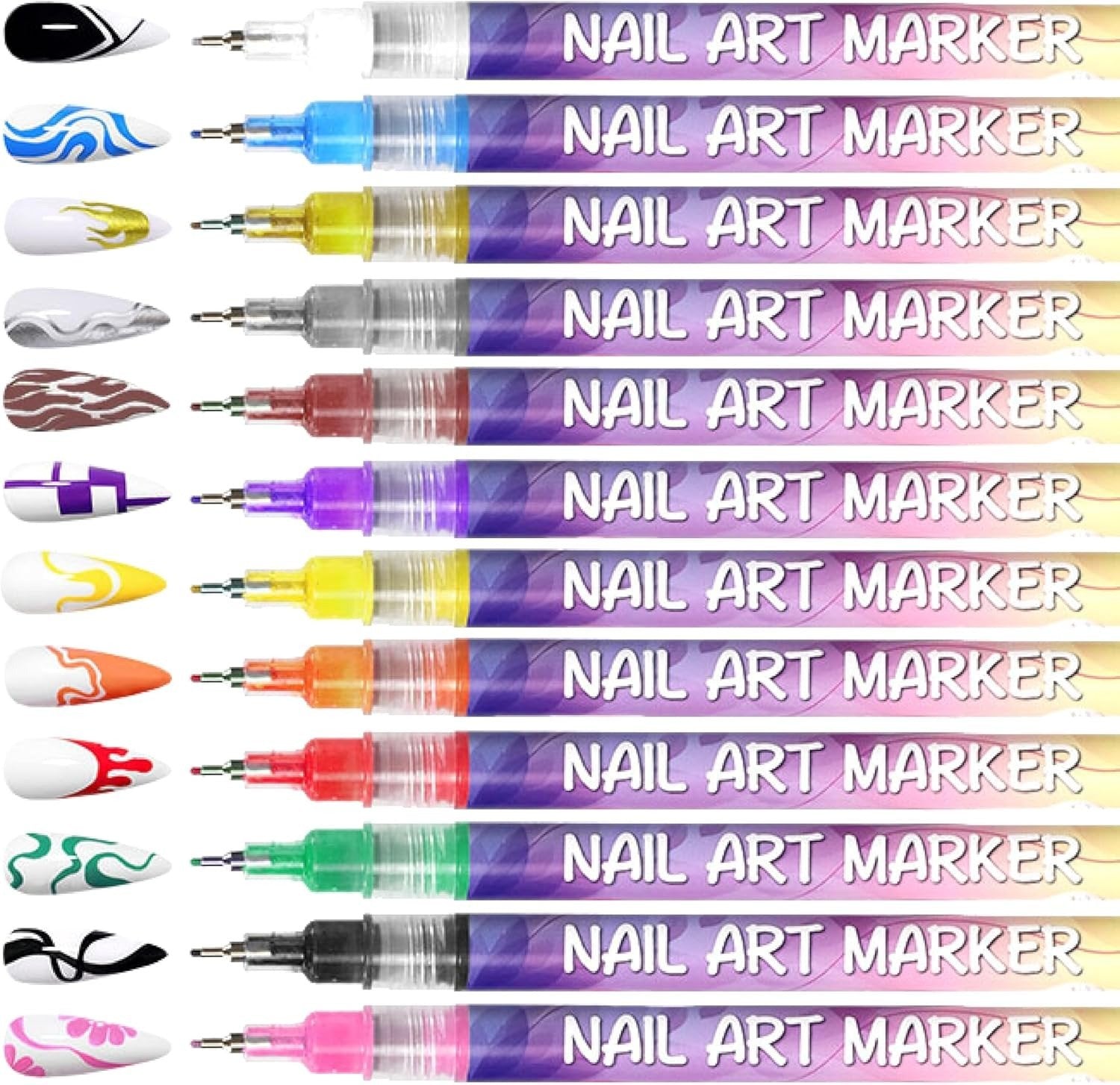 Arenzza 12-color nail art pen set with vibrant ink colors for precise manicure and nail decoration.