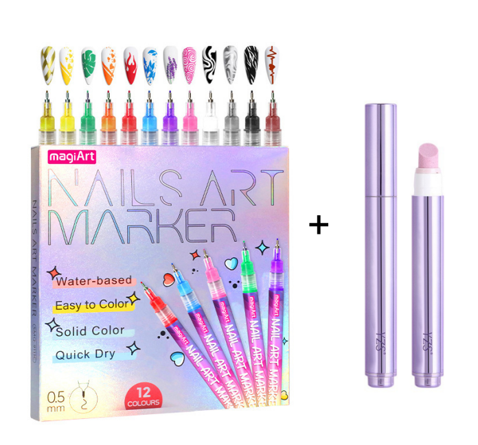 Arenzza 12-color nail art pens set with vibrant ink colors for detailed nail designs, displayed on a white background.