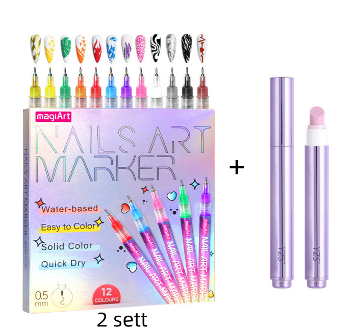 Arenzza 12-color nail art pens set with vibrant colors for detailed nail designs, arranged in a row on a white background.