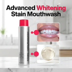 Arenzza stain-removing whitening mouthwash bottle with mint flavor, designed to remove coffee and tea stains, gentle and alcohol-free.
