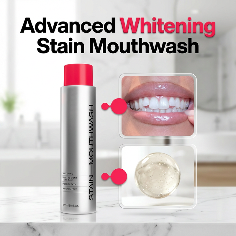 Arenzza stain-removing whitening mouthwash bottle with mint flavor, designed to remove coffee and tea stains, gentle and alcohol-free.
