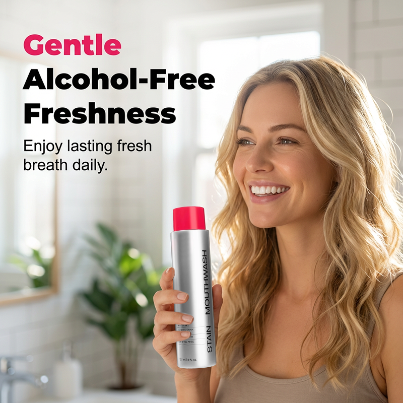 Arenzza stain-removing whitening mouthwash bottle with mint fresh flavor, designed to lift coffee and tea stains, gentle for daily use.